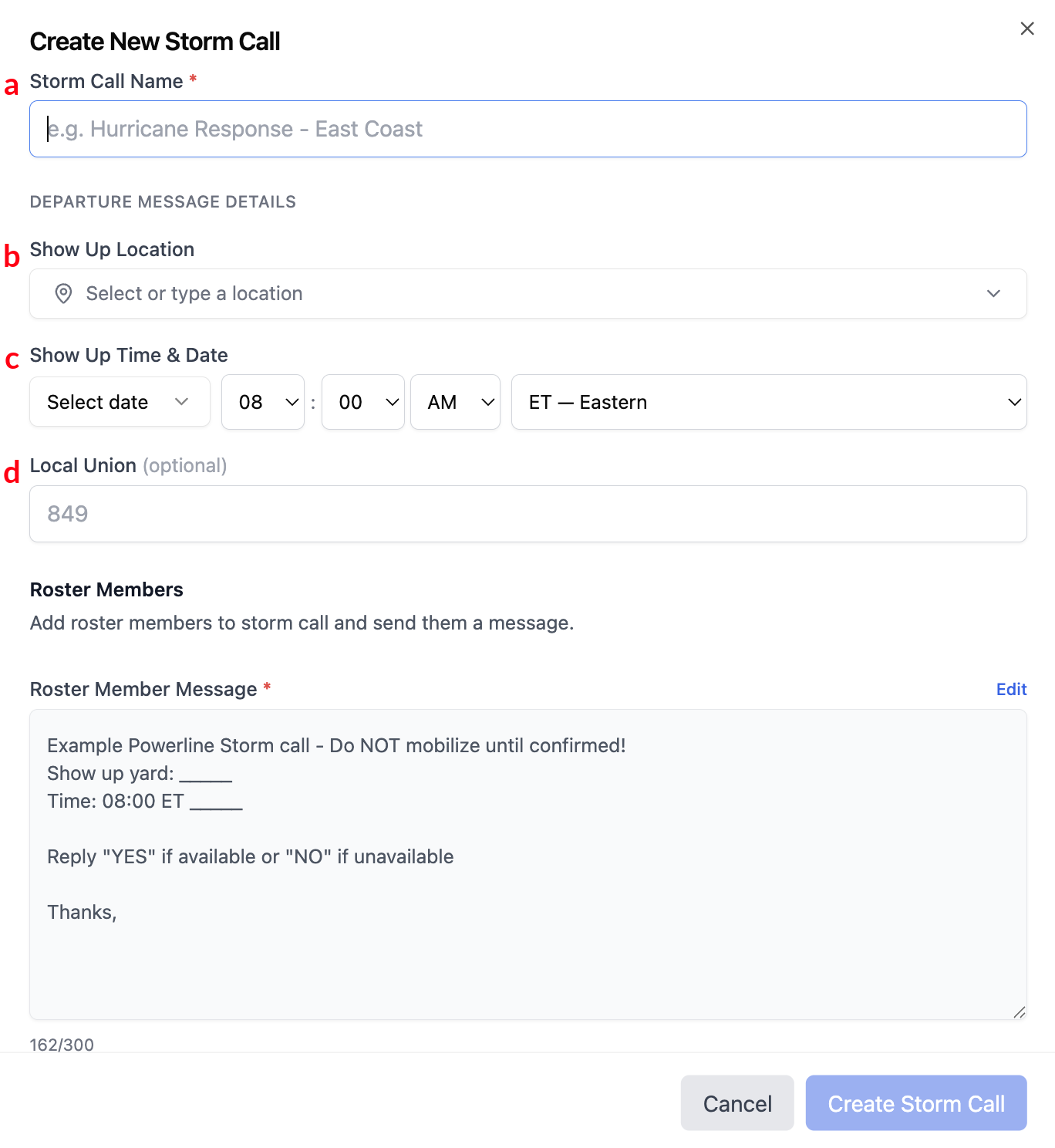 Create New Storm Call form with storm call name, show up location, show up time and date, and local union fields