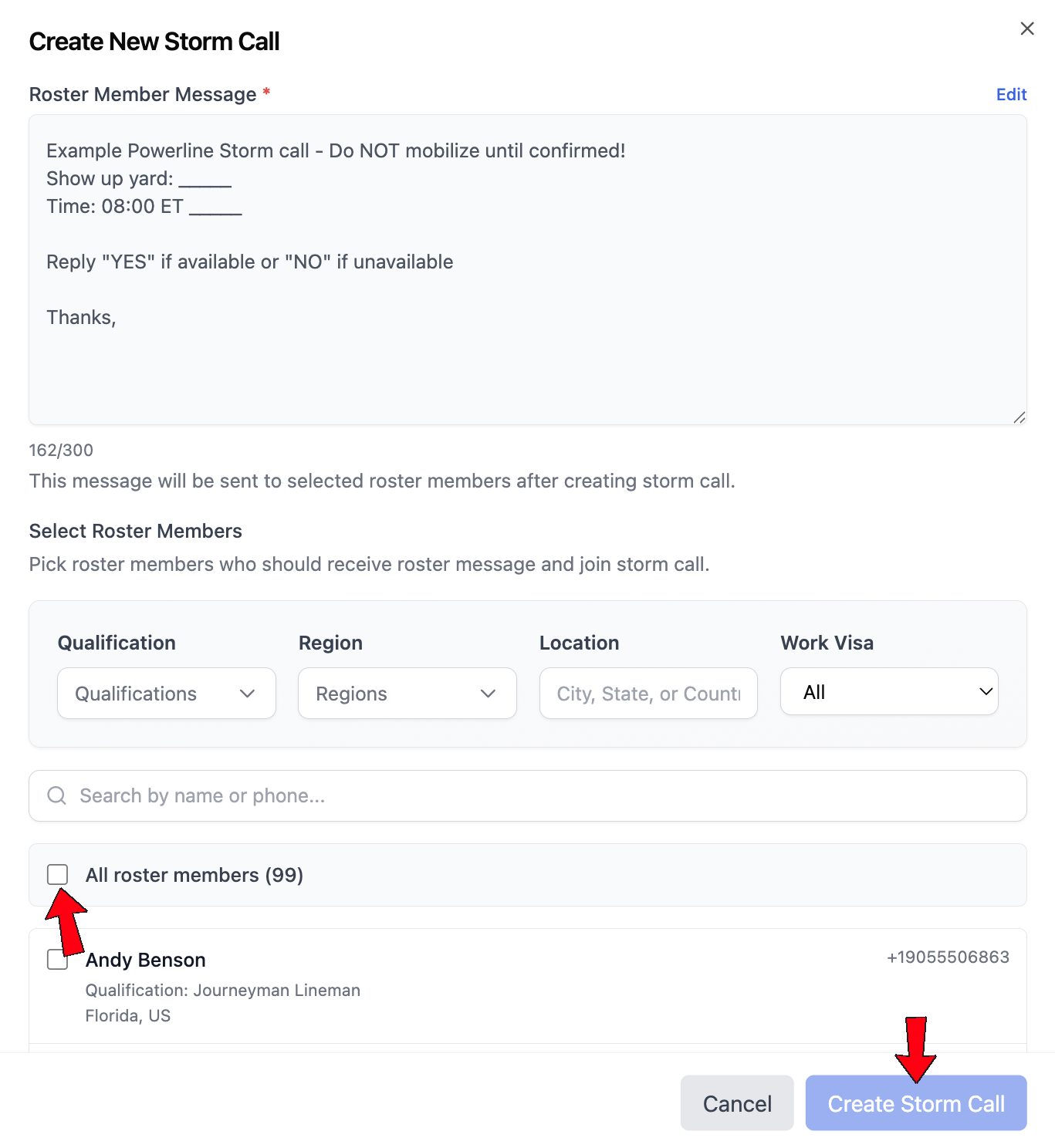 Roster member message and recipient filters with All roster members checkbox and Create Storm Call button