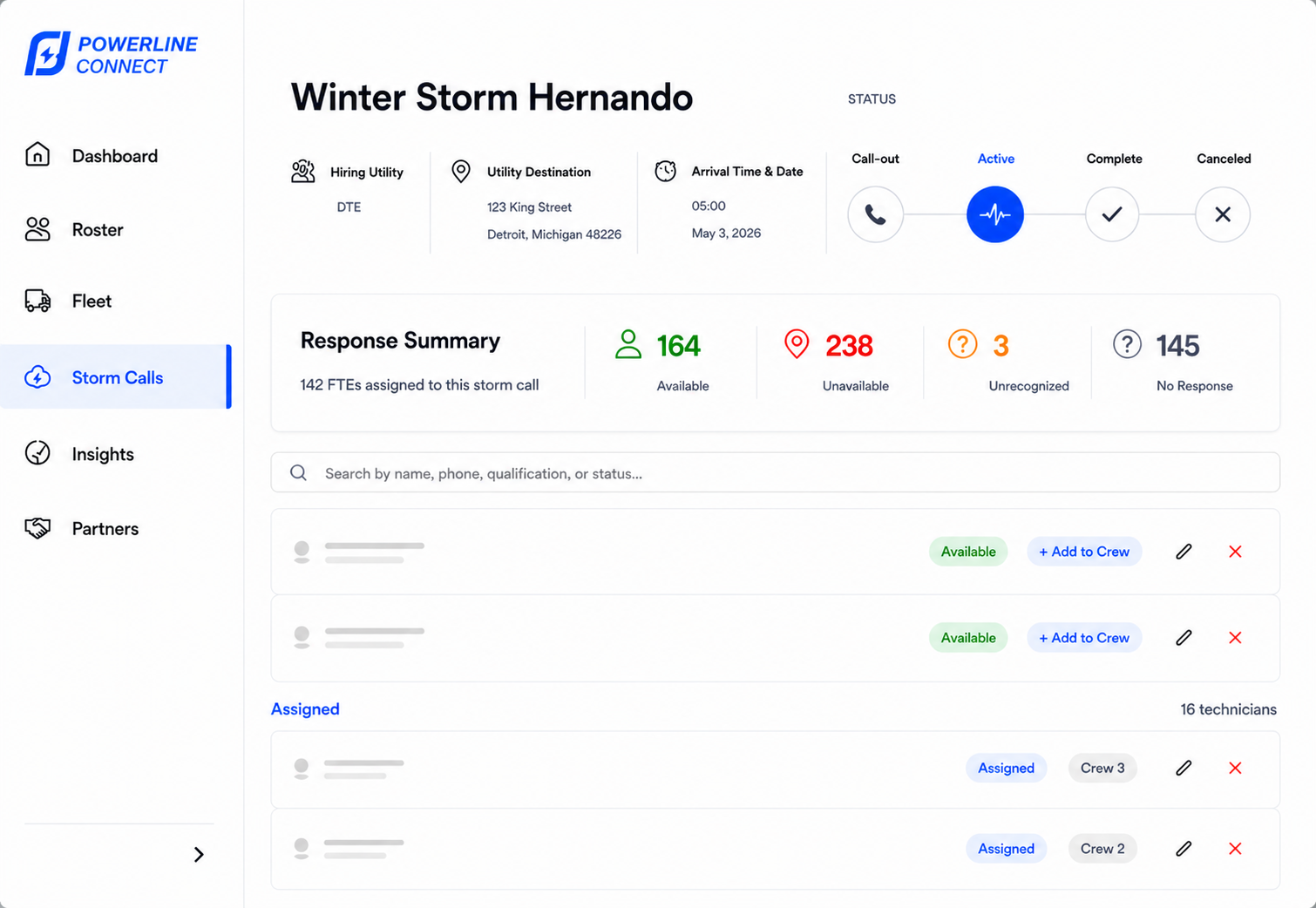 Powerline Connect — Winter Storm Hernando call-out, live mobilization view