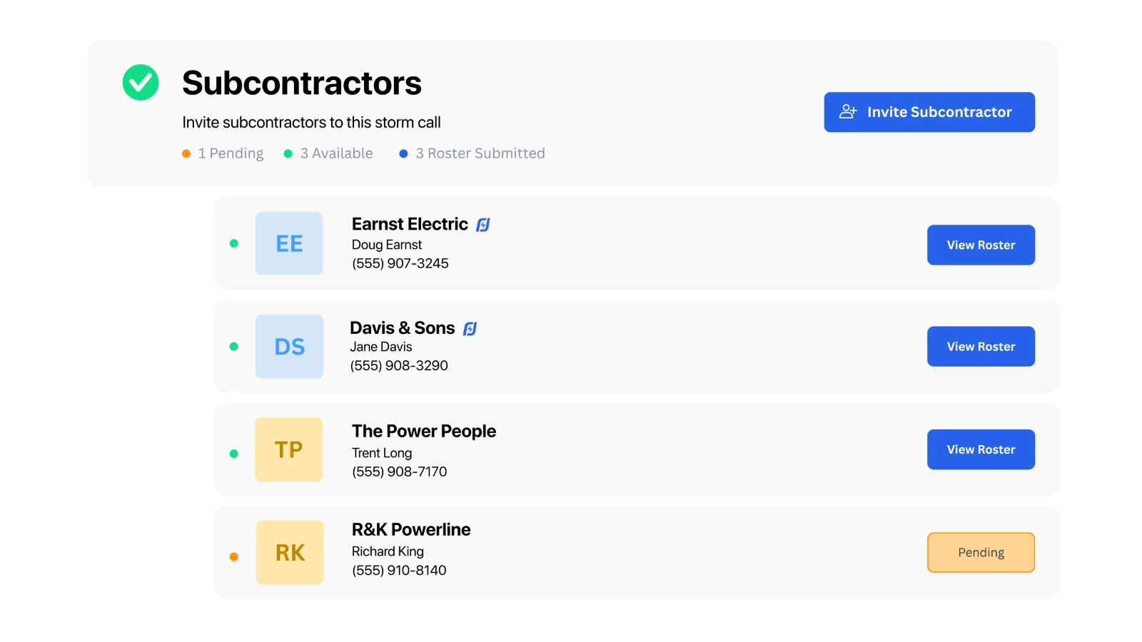 Subcontractors panel showing invited partner contractors and roster status